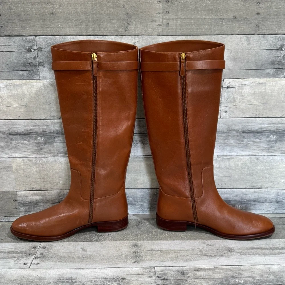 TORY BURCH EVERLY STRAP RIDING BOOTS - SIERRA TAN - SIZE - 11M